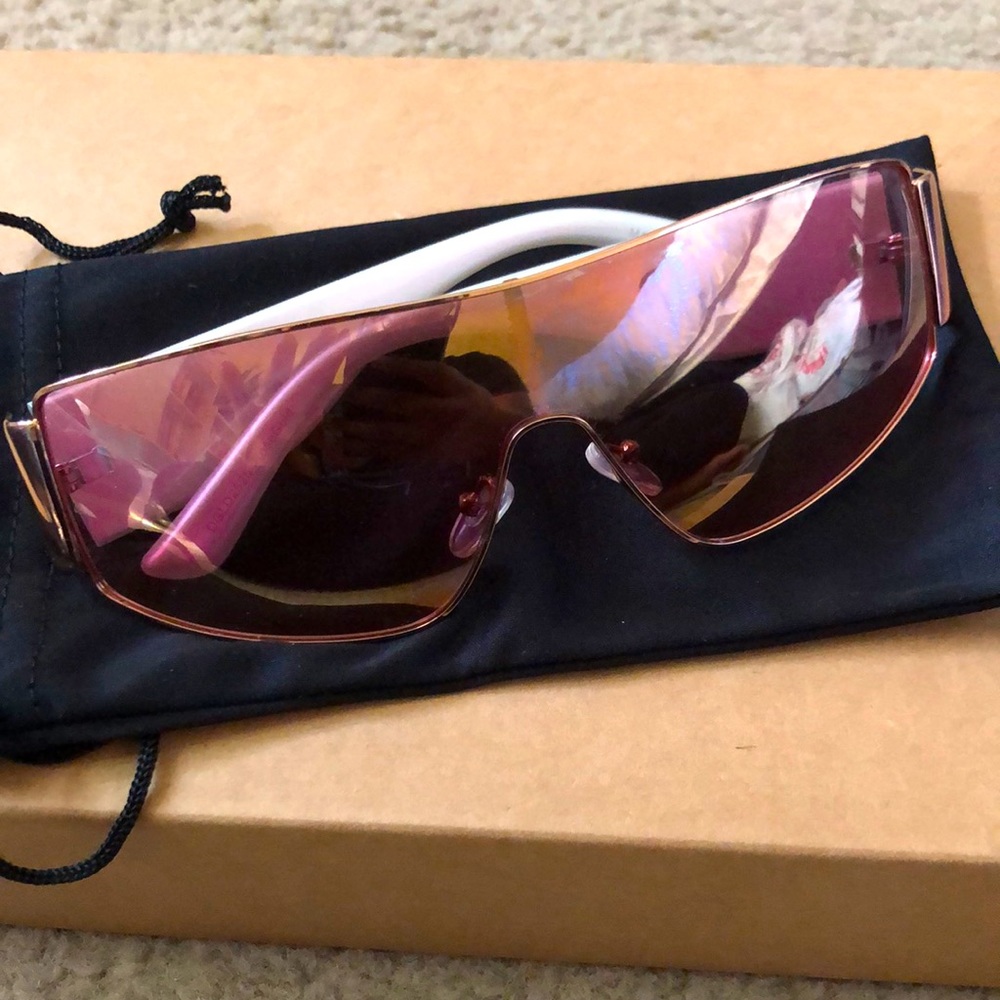 Pink and white reflective shield sunglasses